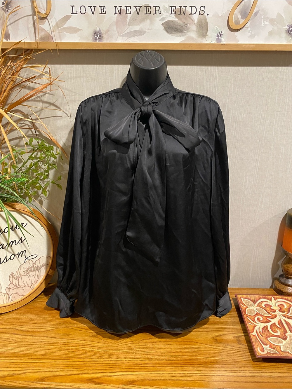 H&M Black Tie-Neck Satin Blouse